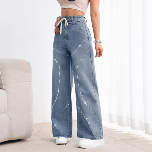 Rhinestone Beaded Denim Pants
