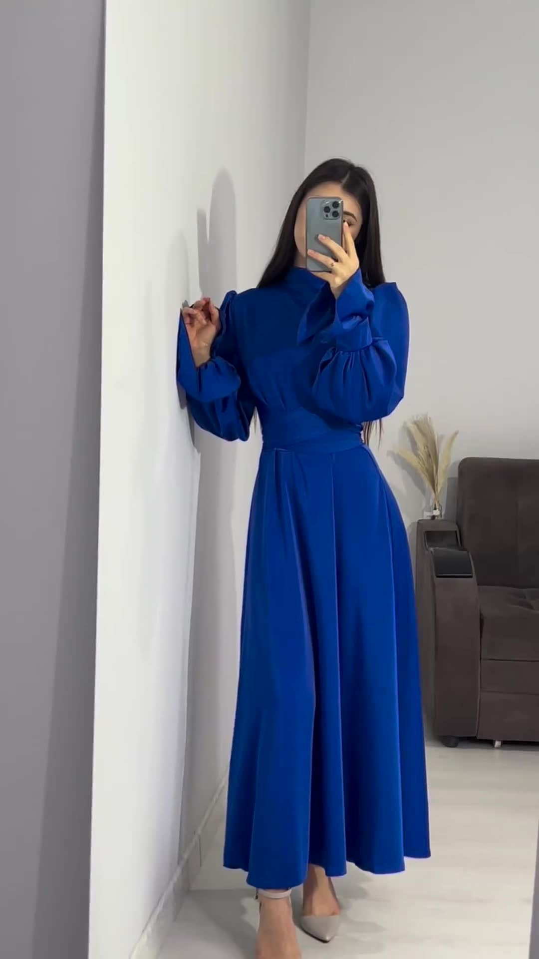 Long Sleeve Waist Puff Sleeve Solid Color Fairy Style Dress