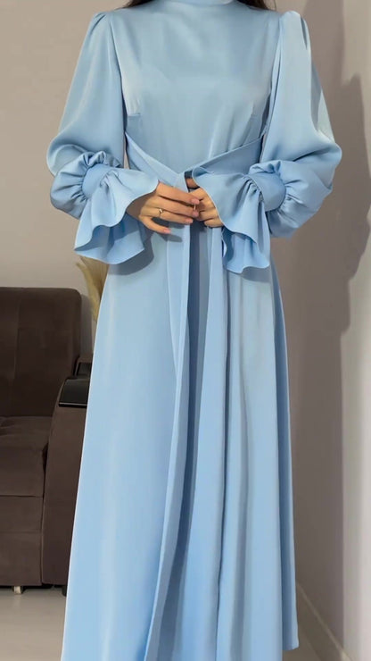 Long Sleeve Waist Puff Sleeve Solid Color Fairy Style Dress