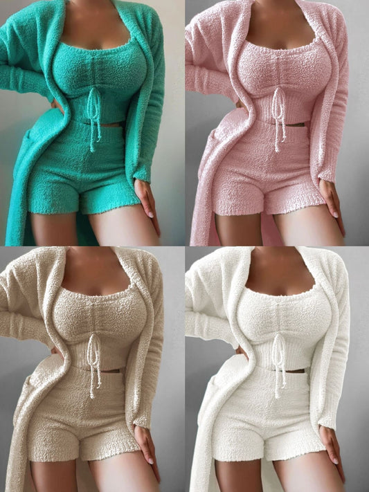 New women's plush lace -up fashion set three -piece suit