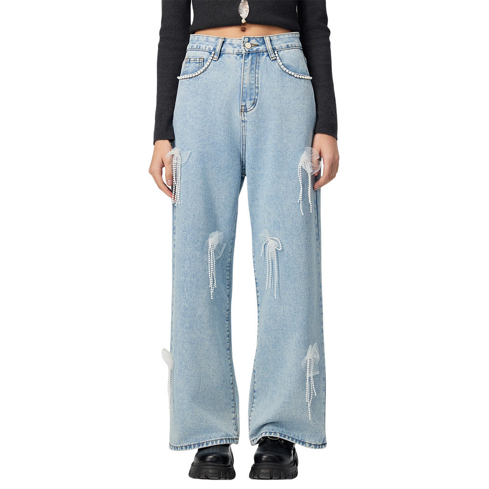 Denim trousers with 3D decoration