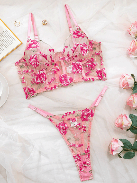 Pink Floral Sheer Lingerie Set