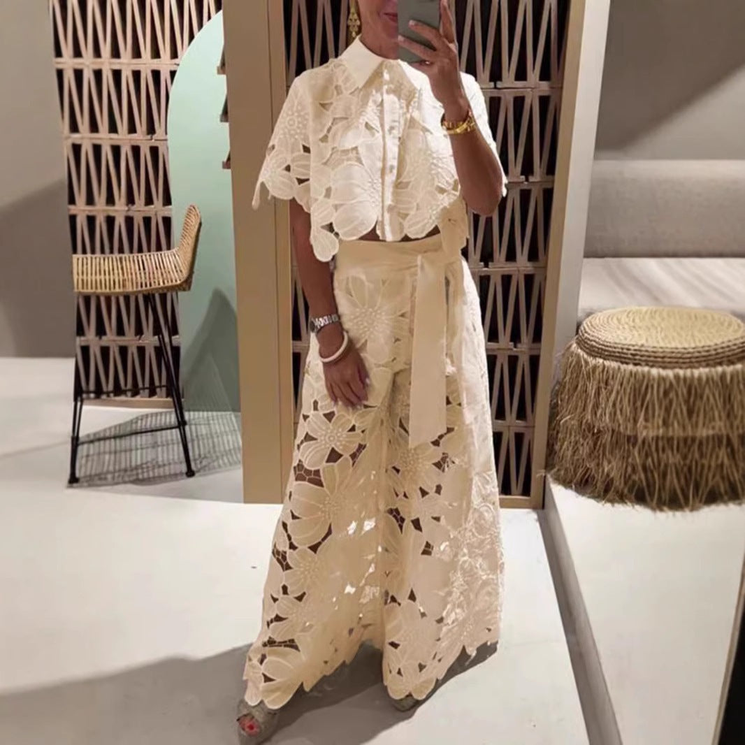 Elegant and stylish floral lace top and wide-leg pants set - MATCHING MASTER