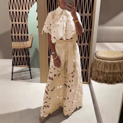 Elegant and stylish floral lace top and wide-leg pants set - MATCHING MASTER