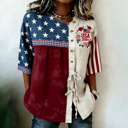 USA 250th Women's Short-Sleeved Shirt with Tie Hem - BundleWear