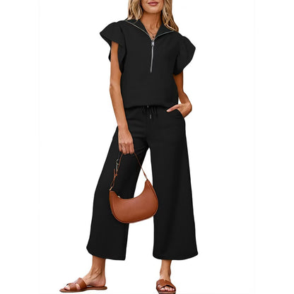 Textured Ruffled Sleeve Zipped Top and Wide Leg Pants Set - BundleWear