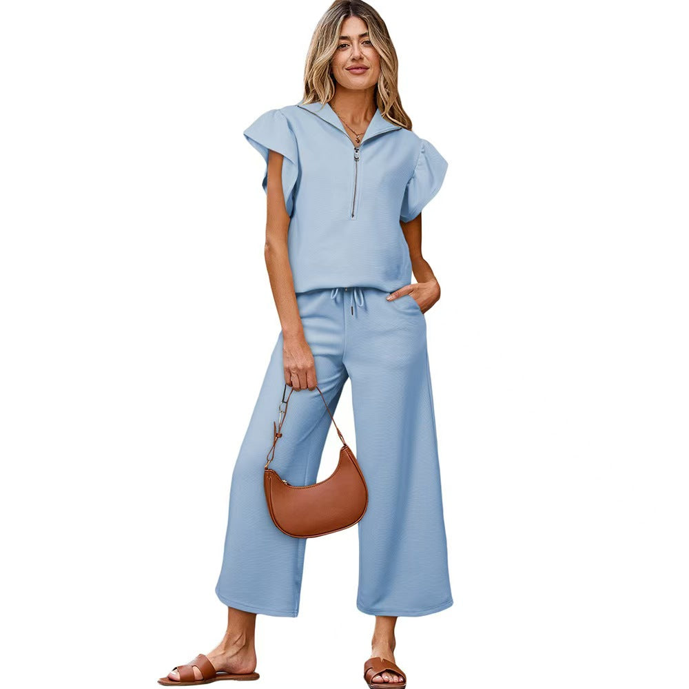 Textured Ruffled Sleeve Zipped Top and Wide Leg Pants Set - BundleWear