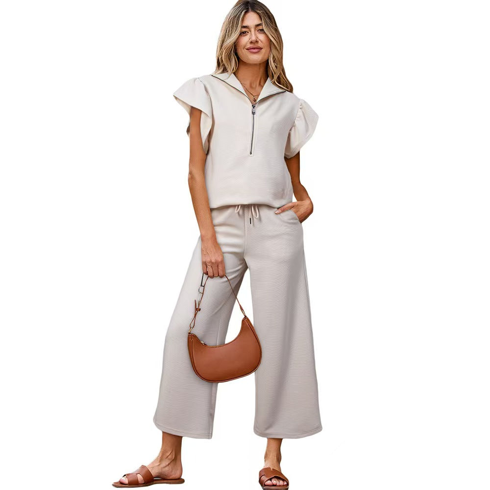 Textured Ruffled Sleeve Zipped Top and Wide Leg Pants Set - BundleWear