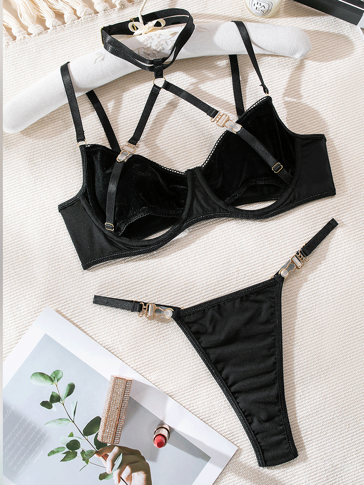 Solid Velvet Halter Lingerie Set