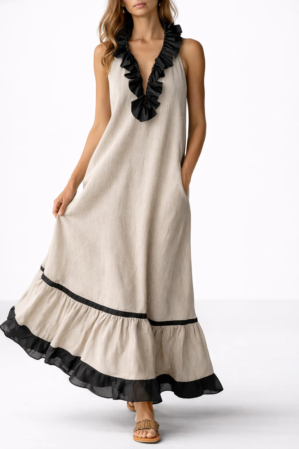 RUFFLED V-NECK MAXI DRESS