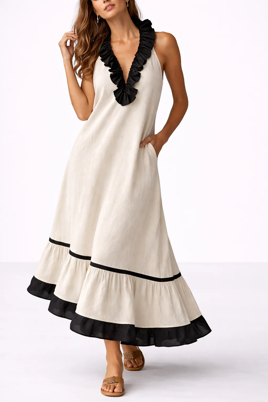 RUFFLED V-NECK MAXI DRESS
