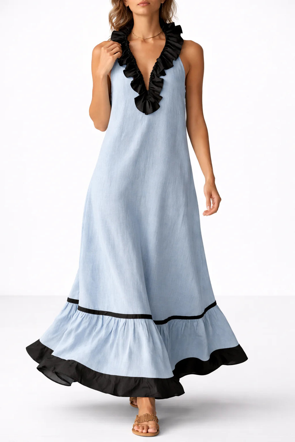 RUFFLED V-NECK MAXI DRESS