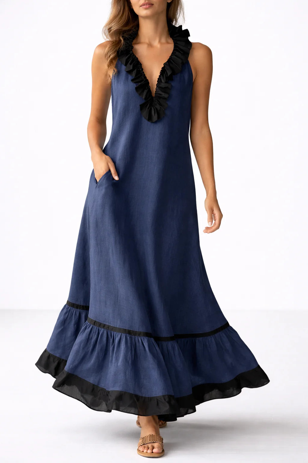 RUFFLED V-NECK MAXI DRESS