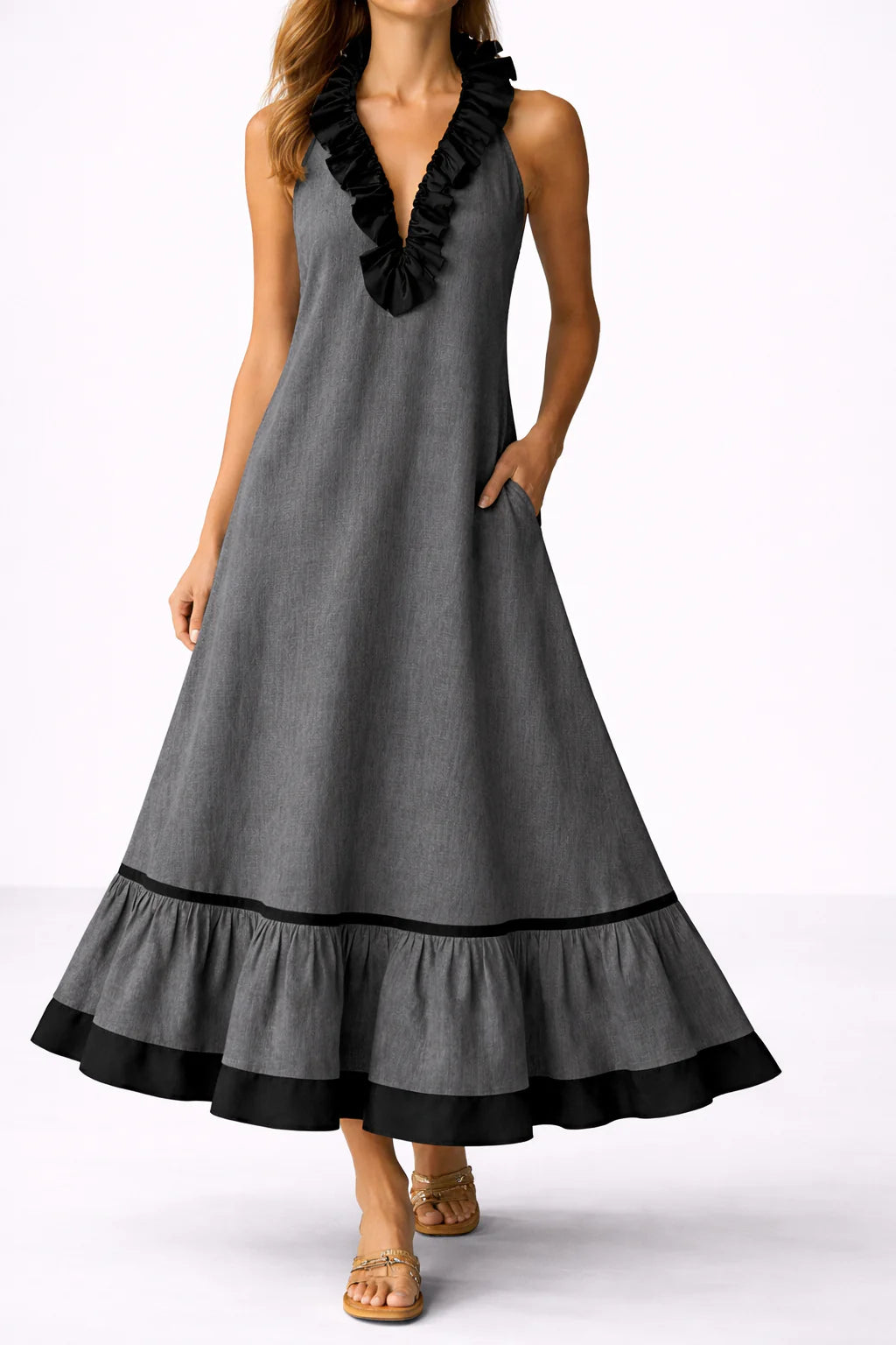 RUFFLED V-NECK MAXI DRESS