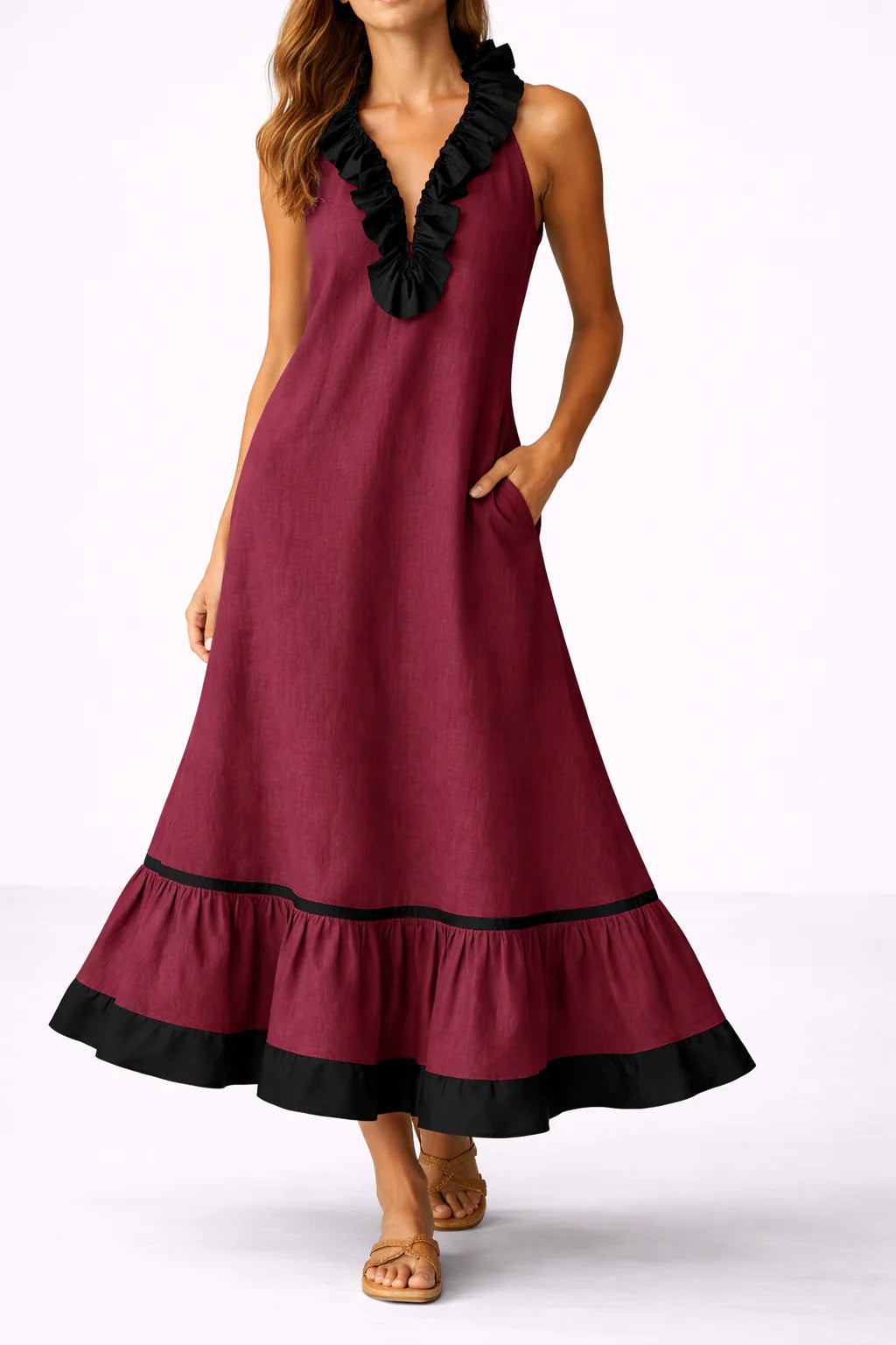 RUFFLED V-NECK MAXI DRESS