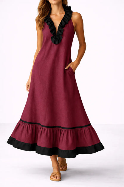 RUFFLED V-NECK MAXI DRESS