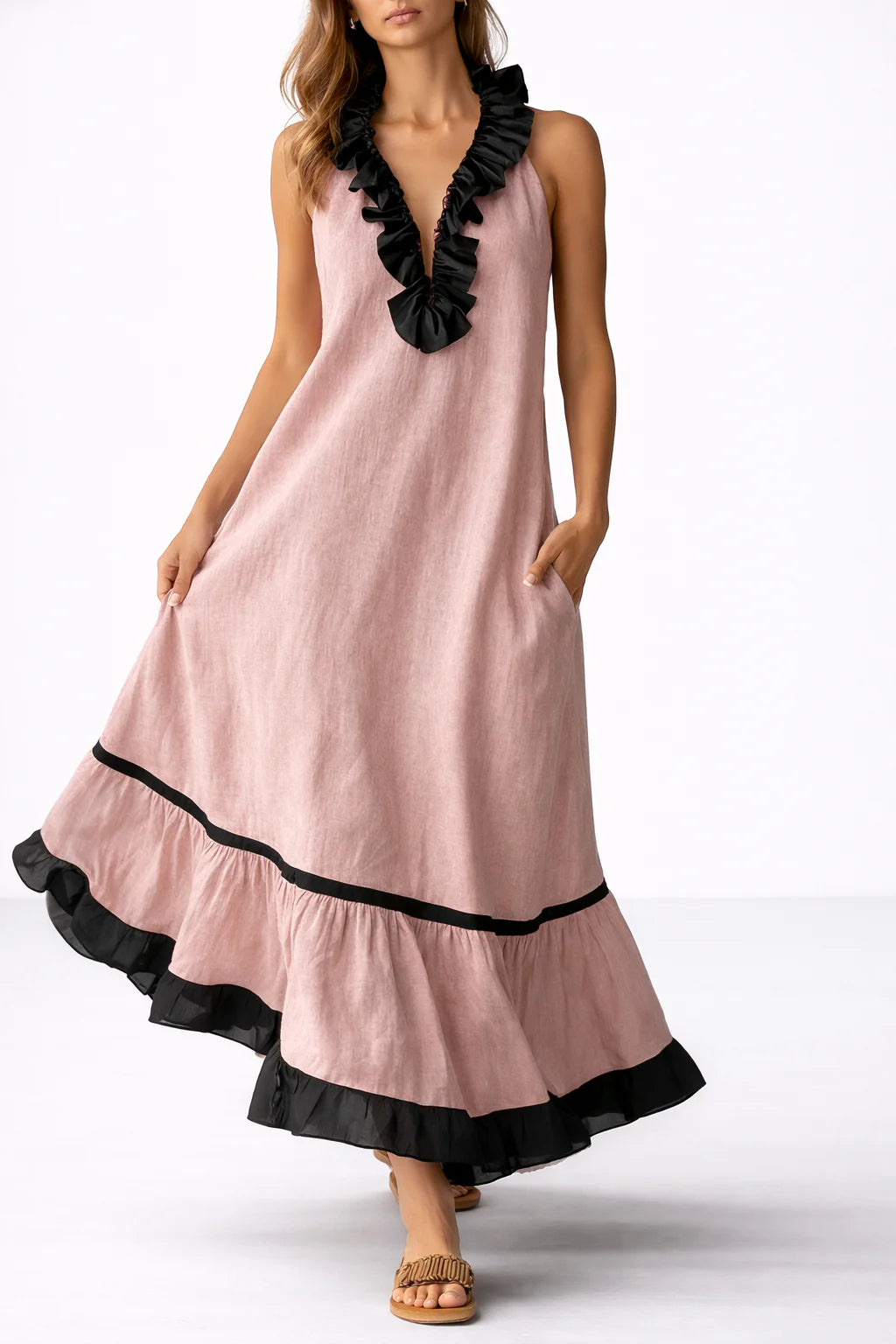 RUFFLED V-NECK MAXI DRESS