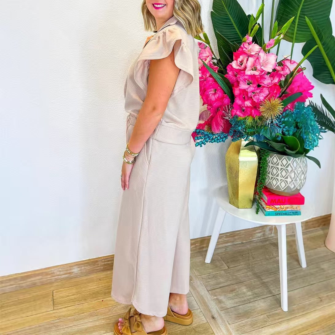 Textured Ruffled Sleeve Zipped Top and Wide Leg Pants Set - BundleWear