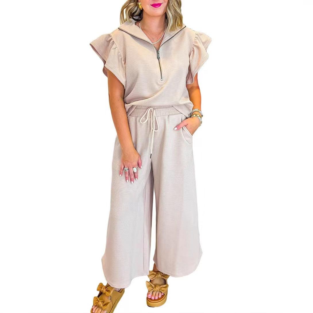 Textured Ruffled Sleeve Zipped Top and Wide Leg Pants Set - BundleWear
