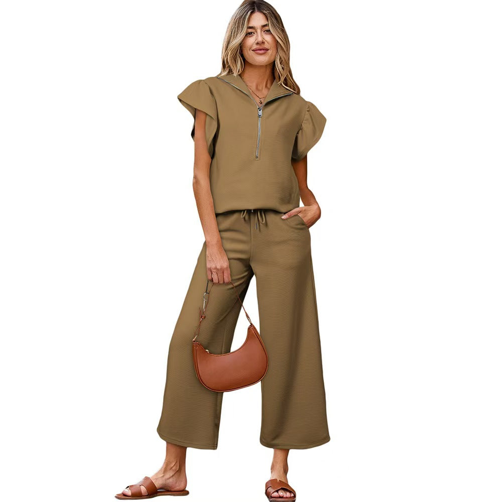 Textured Ruffled Sleeve Zipped Top and Wide Leg Pants Set - BundleWear