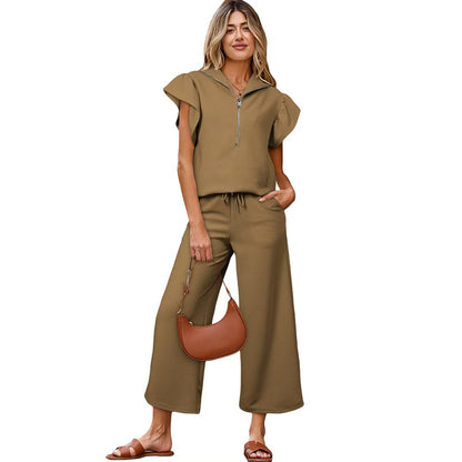 Textured Ruffled Sleeve Zipped Top and Wide Leg Pants Set - BundleWear