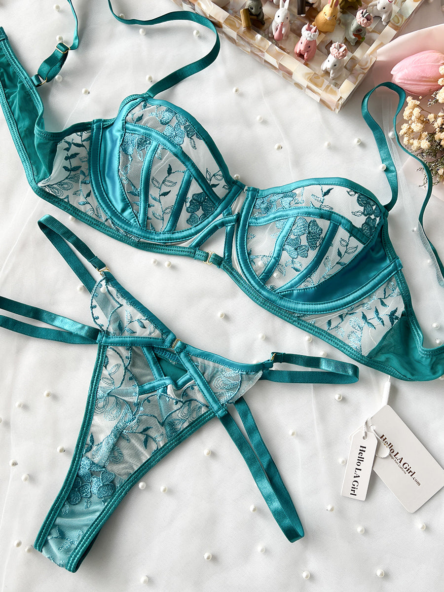 Turquoise Floral Embroidery Lingerie Set
