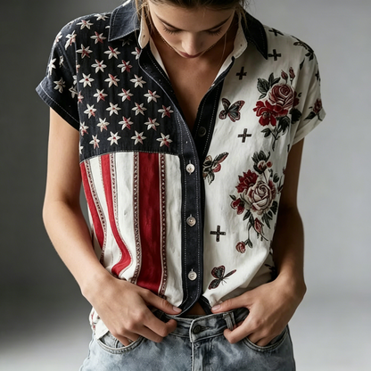 Women's American Founding 250th Anniversary Art Print Short-Sleeved Shirt - BundleWear