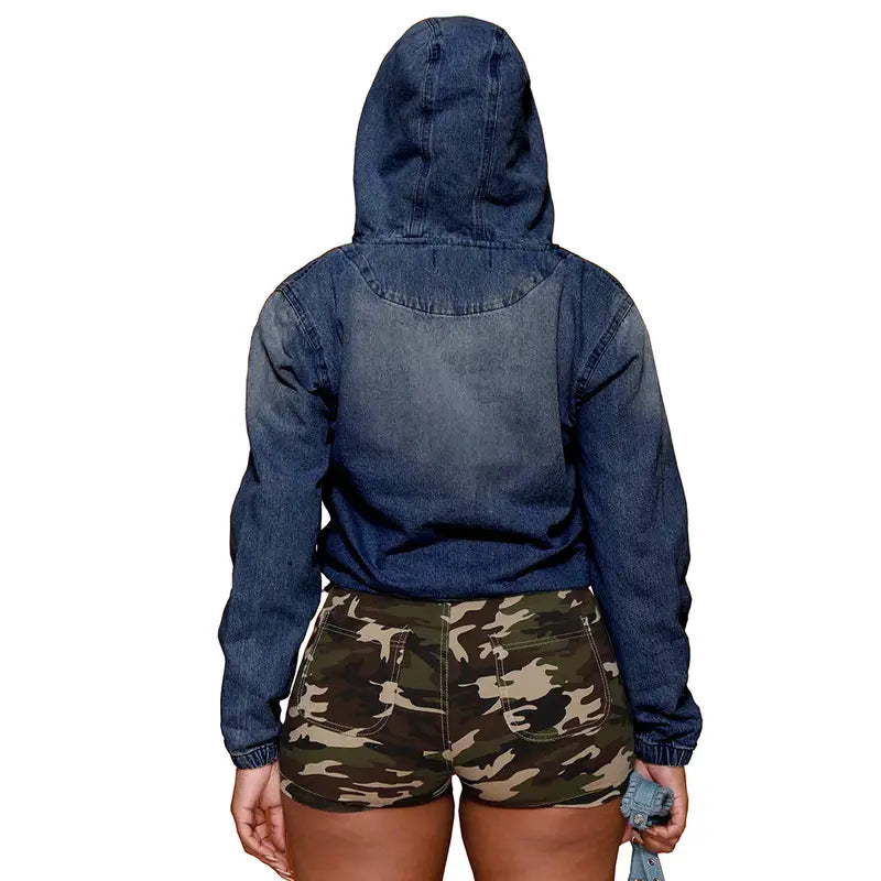 Women's Half Zip Denim Hoodie Pullover Jacket Jean Tops - MATCHING MASTER