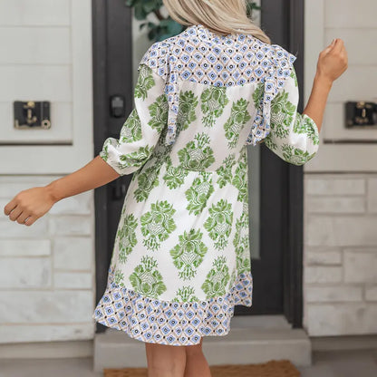 Women's Print Color Block Ruffle Mini Dress - BundleWear