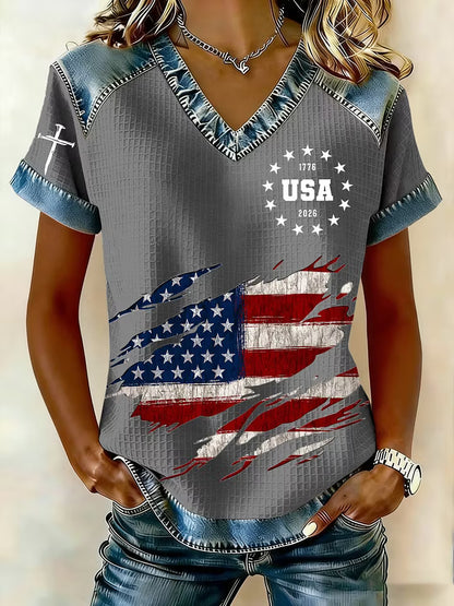 Women's 250th America Anniversary Casual Printed Waffle Knit Short-Sleeved T-Shirt - BundleWear
