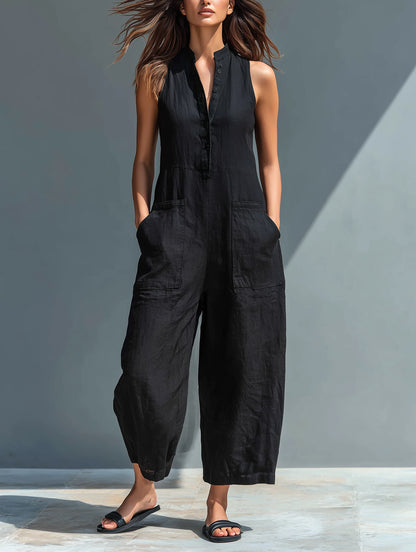 Women's linen blend button sleeveless loose-fitting jumpsuit