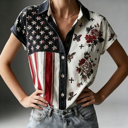 Women's American Founding 250th Anniversary Art Print Short-Sleeved Shirt - BundleWear