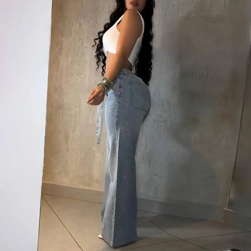 Women's Rhinestone High-Waisted Zipper Jeans - BundleWear