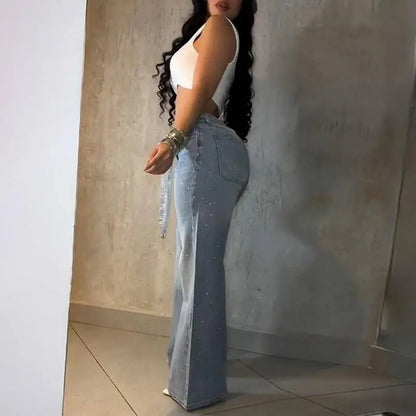 Women's Rhinestone High-Waisted Zipper Jeans - BundleWear