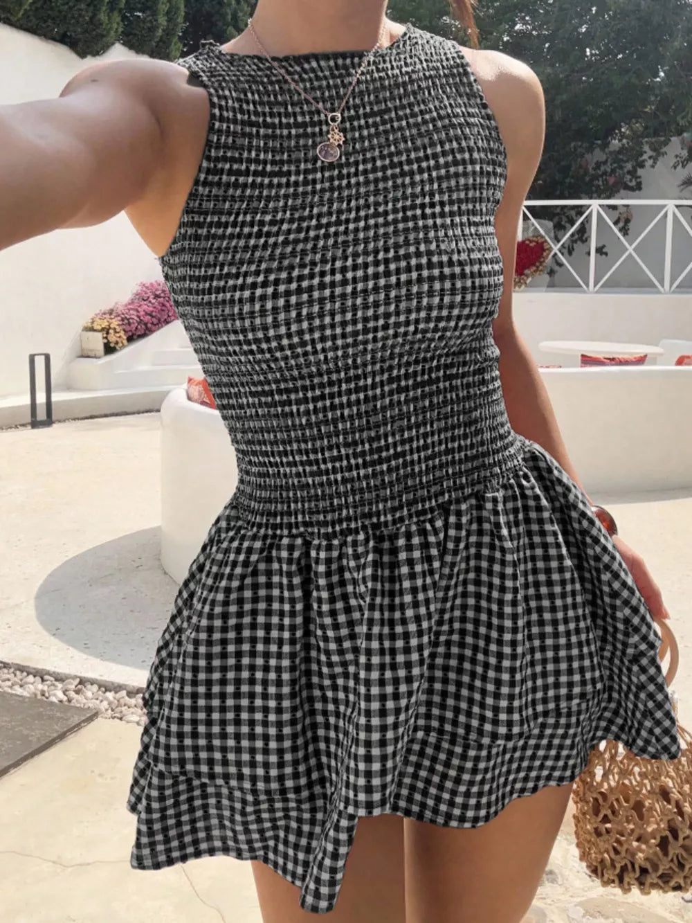 Gingham Smocked Mini Dress - BundleWear