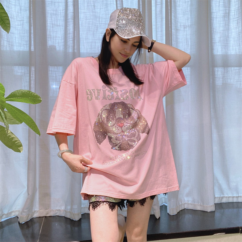 Elegant Rhinestone Dog Graphic Oversized Tee - MATCHING MASTER