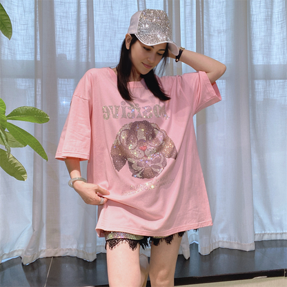 Elegant Rhinestone Dog Graphic Oversized Tee - MATCHING MASTER
