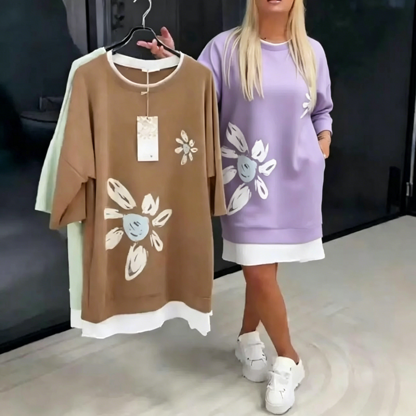 Oversize T-Shirt Kleid mit floralem Print - MATCHING MASTER