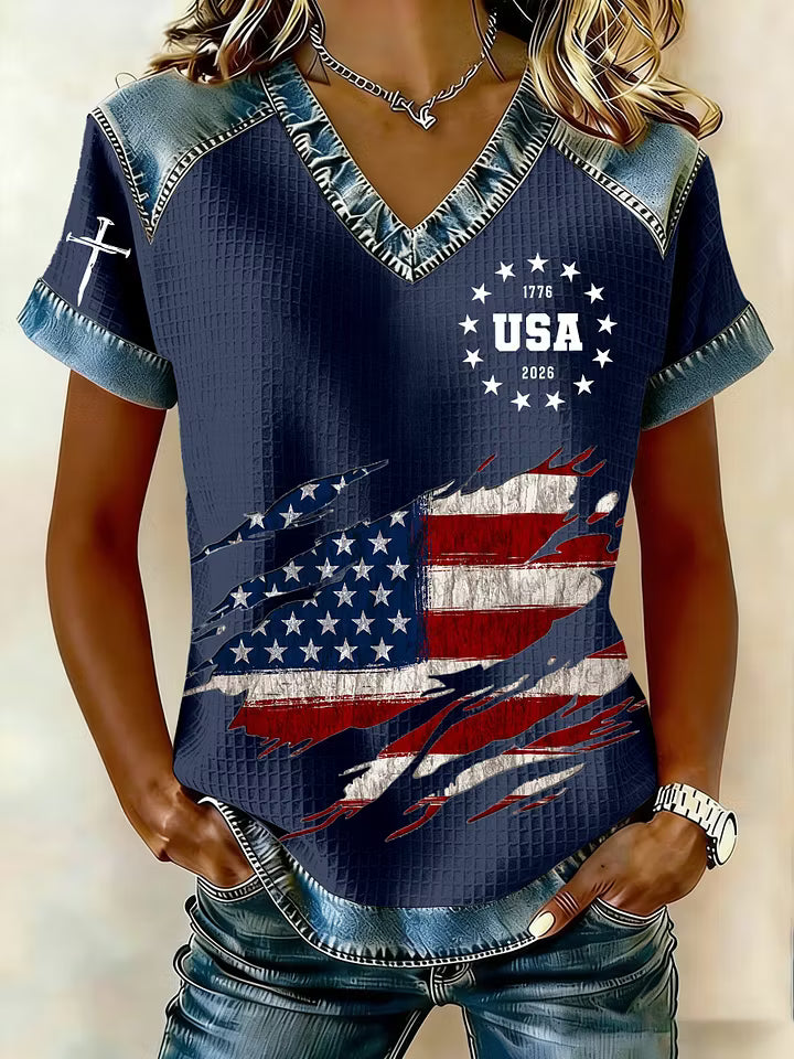 Women's 250th America Anniversary Casual Printed Waffle Knit Short-Sleeved T-Shirt - BundleWear