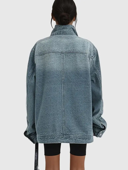 Women's Vintage Washed High Neck Asymmetric Button Loose Denim Jacket - MATCHING MASTER
