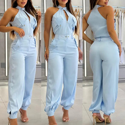 Ladies' 2 Pieces Outfits Sleeveless High Neck Cargo Pockets Design Top and Casual Cuffed Long Pants Set - MATCHING MASTER