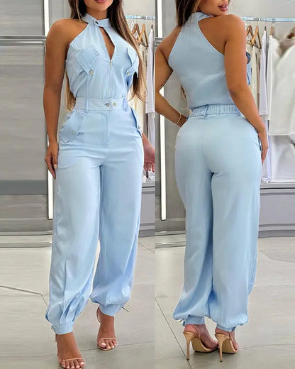 Ladies' 2 Pieces Outfits Sleeveless High Neck Cargo Pockets Design Top and Casual Cuffed Long Pants Set - MATCHING MASTER