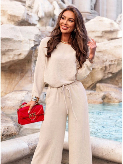Solid color round neck linen cotton top and casual lace-up loose pants (2 pieces) - MATCHING MASTER