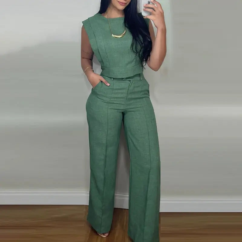 Ladies' 2 Pieces Round Neck Cap Sleeve Crop Top and Casual Pocket Design Straight Pants Set - MATCHING MASTER