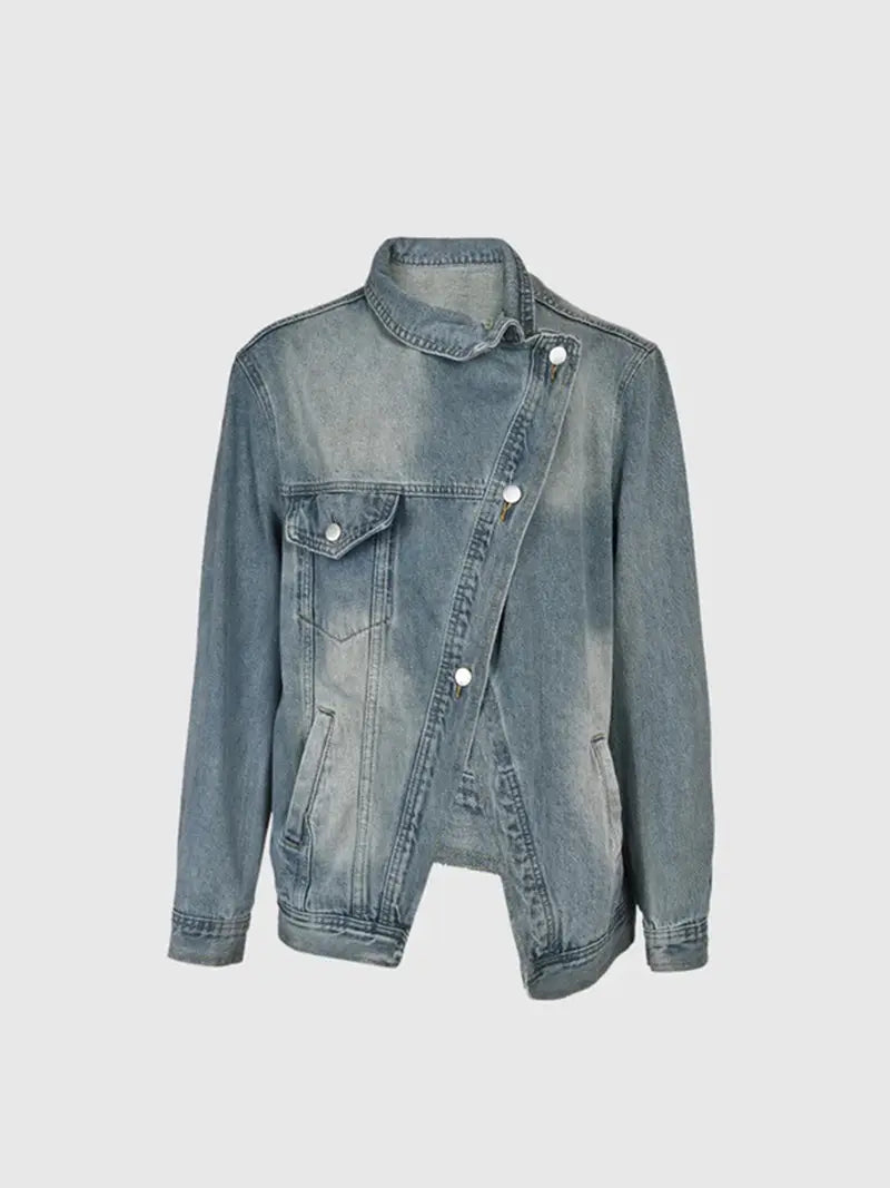 Women's Vintage Washed High Neck Asymmetric Button Loose Denim Jacket - MATCHING MASTER