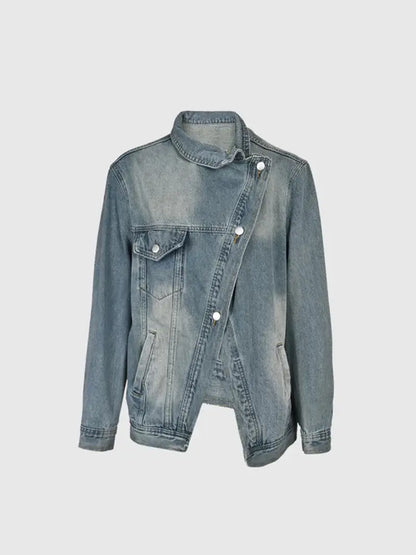 Women's Vintage Washed High Neck Asymmetric Button Loose Denim Jacket - MATCHING MASTER