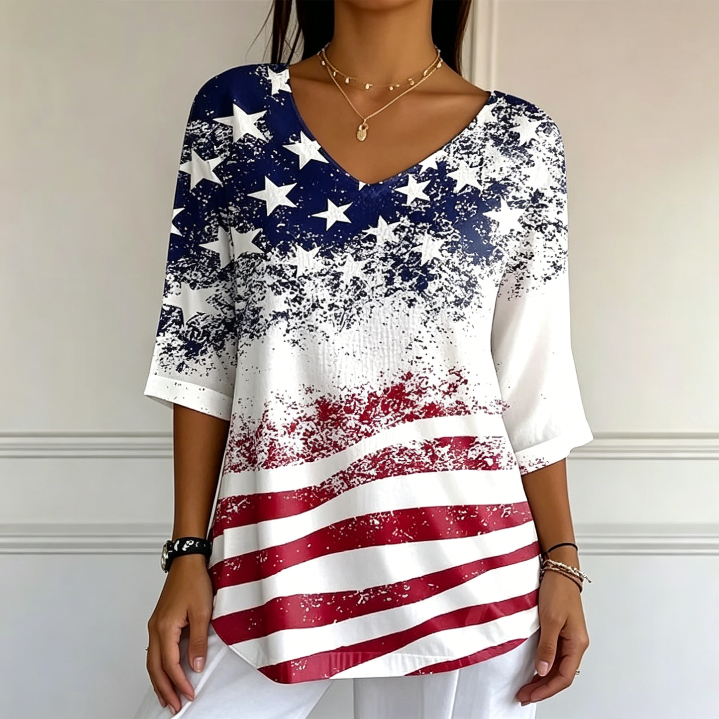 Women's Independence Day Flag Faith Fabric Casual V-neck T-shirt - BundleWear