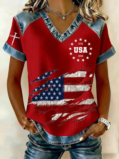 Women's 250th America Anniversary Casual Printed Waffle Knit Short-Sleeved T-Shirt - BundleWear