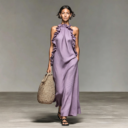 Women's Minimalist Linen-blend Sleeveless Maxi Dress With Ruffle Details - BundleWear