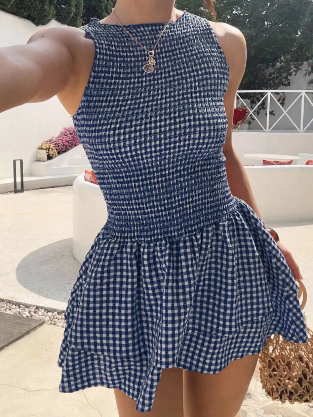 Gingham Smocked Mini Dress - BundleWear